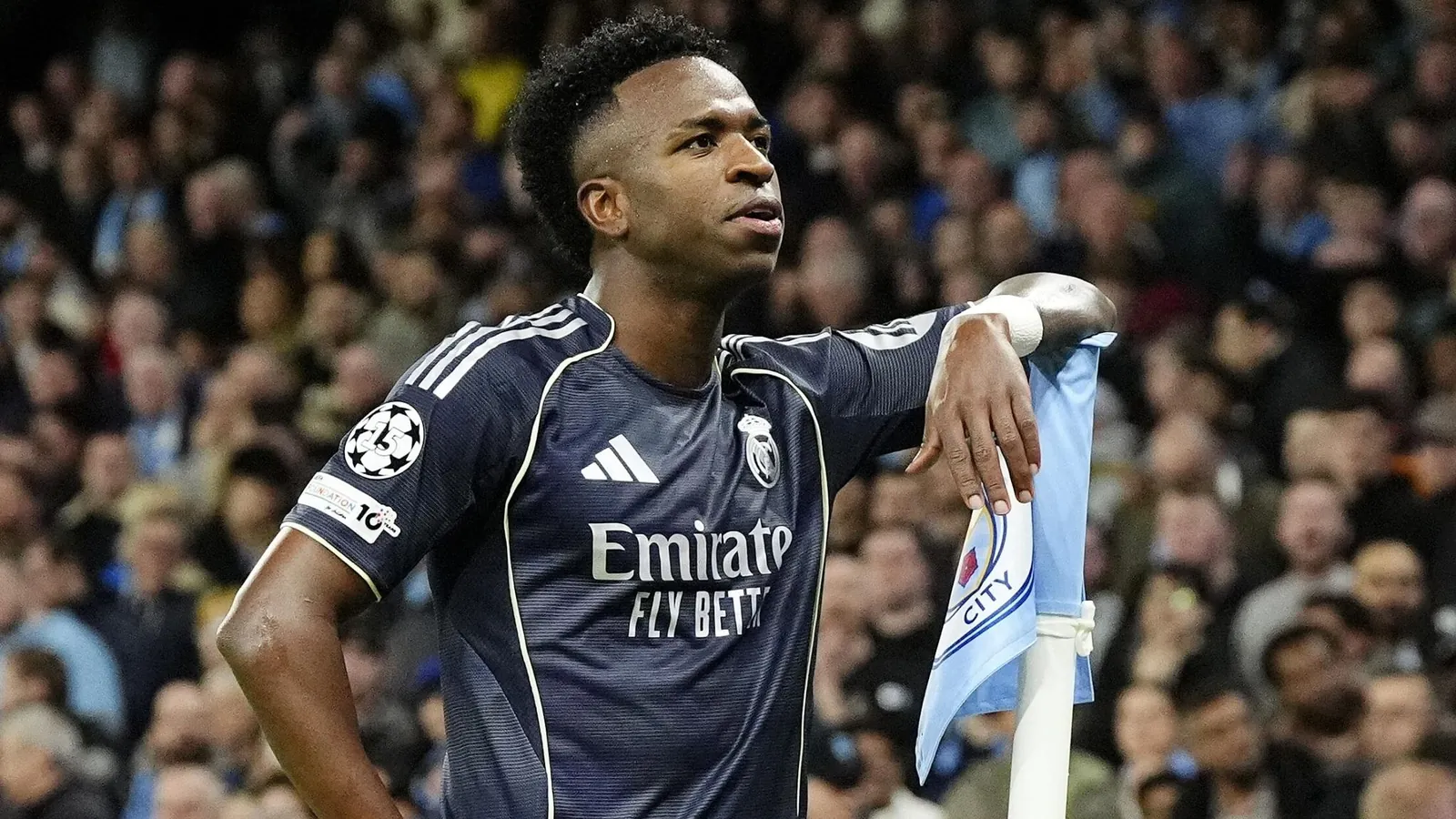 Vinicius Junior celebrates after scoring for Real Madrid at the Etihad